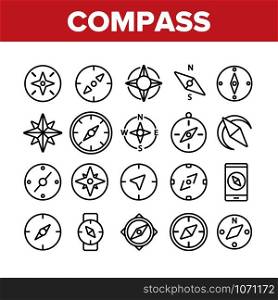 Compass Navigation Collection Icons Set Vector Thin Line. Compass Map Navigate Equipment And Cartography Mark Concept Linear Pictograms. Traveler Device Monochrome Contour Illustrations. Compass Navigation Collection Icons Set Vector