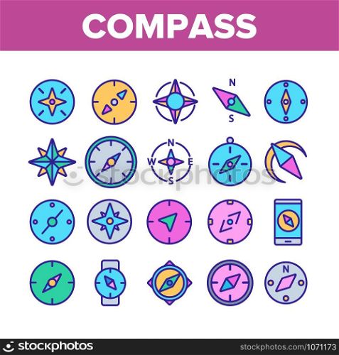 Compass Navigation Collection Icons Set Vector Thin Line. Compass Map Navigate Equipment And Cartography Mark Concept Linear Pictograms. Traveler Device Color Illustrations. Compass Navigation Collection Icons Set Vector