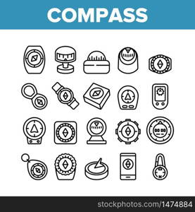 Compass Navigational Equipment Icons Set Vector. Compass Tool Application For Orienting Location And Direction Of Movement Concept Linear Pictograms. Monochrome Contour Illustrations. Compass Navigational Equipment Icons Set Vector