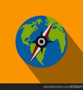 Compass on earth icon. Flat illustration of compass on earth vector icon for web. Compass on earth icon, flat style.