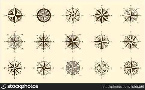 Compass set. North and south direction measure on isolated engraving labels, vector wind rose hand drawn travel icons. Compass set. North and south direction measure on isolated engraving labels, vector wind rose hand drawn icons