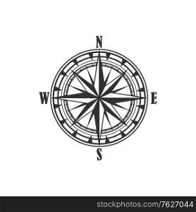 Compass symbol and sign, isolated vector marine navigation element. Rose of wind heraldic monochrome signs with world sides, north and south, west and east. Geography and cartography, map. Vintage compass symbol and sign
