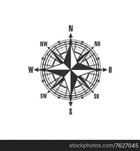 Compass symbol and sign, isolated vector marine navigation element. Rose of wind heraldic monochrome signs with world sides, north and south, west and east. Geography and cartography, map. Vintage compass symbol and sign