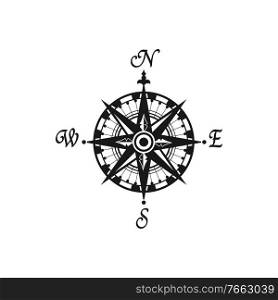 Compass v∫a≥monochrome symbol with world sides isolated wind of rose. Vector nautical navigation map. Wind of rose isolated compass navigation symbol