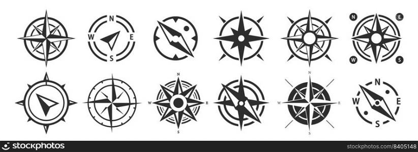 Compass vector icons of north, south, east and west direction. Wind rose icon set. Map symbol. Arrow icon. Vector illustration.. Compass vector icons of north, south, east and west direction.