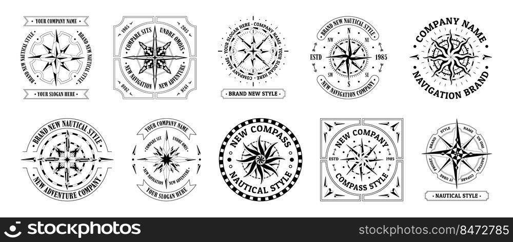 Compass vintage logo. Travel and explore cartography symbol, emblems with wind rose and direction arrows. Vector set pointer directions compass nautical direction. Compass vintage logo. Travel and explore cartography symbol, emblems with wind rose and direction arrows. Vector set