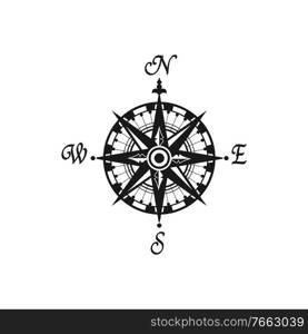 Compass vintage monochrome symbol with world sides isolated wind of rose. Vector nautical navigation map. Wind of rose isolated compass navigation symbol