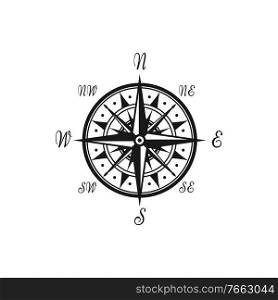 Compass vintage monochrome symbol with world sides isolated wind of rose. Vector nautical navigation map. Wind of rose isolated compass navigation symbol