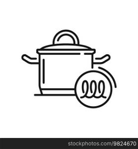 Compatibility of pot and pan with induction, gas, electric, ceramic and halogen cooktop or stove and dishwasher use, outline icon. Pot compatible with induction surface outline icon