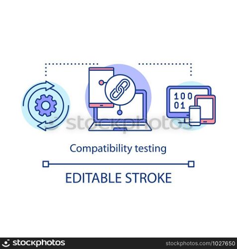 Compatibility testing concept icon. Checking software on different devices. Setting up linked account idea thin line illustration. Vector isolated outline drawing. Editable stroke