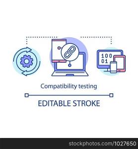 Compatibility testing concept icon. Checking software on different devices. Setting up linked account idea thin line illustration. Vector isolated outline drawing. Editable stroke