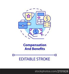 Compensation and benefits concept icon. Salary and rewards. HR management abstract idea thin line illustration. Isolated outline drawing. Editable stroke. Roboto-Medium, Myriad Pro-Bold fonts used. Compensation and benefits concept icon