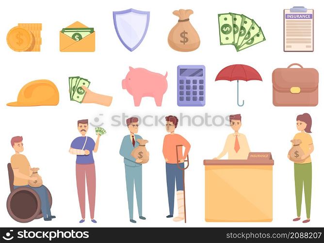 Compensation icons set cartoon vector. Pension money. Fund plan. Compensation icons set cartoon vector. Pension money