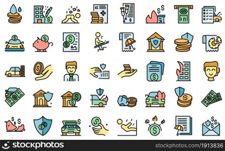 Compensation icons set. Outline set of compensation vector icons thin line color flat isolated on white. Compensation icons set line color vector