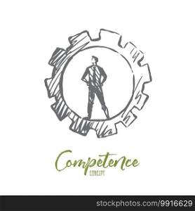 Competence, business, management, task, man concept. Hand drawn man standing inside of gear concept sketch. Isolated vector illustration.. Competence, business, management, task, man concept. Hand drawn isolated vector.