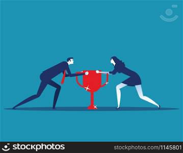 Competition. Business person holding a trophy. Concept business vector illustration.