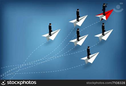 competition. businessmen stand on paper plane a red and white. One People standing holding binocular. go to business success goals. leadership. illustration cartoon vector