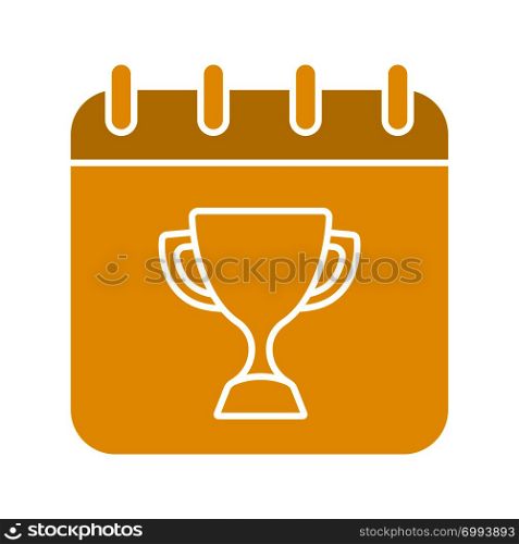 Competition day glyph color icon. Tournament date. Calendar page with winner&rsquo;s trophy cup. Silhouette symbol on black background. Negative space. Vector illustration. Competition day glyph color icon