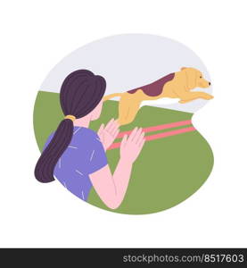 Competition day isolated cartoon vector illustrations. Happy corgi dog jumps over obstacles during competition, pets agility and obedience, dog owner calls him, canine sports vector cartoon.. Competition day isolated cartoon vector illustrations.