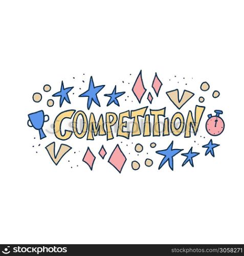 Competition emblem with decoration isolated on white background. Vector color illustration in doodle style.