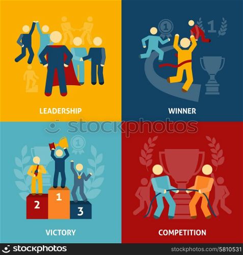 Competition flat icons set with leadership winner victory isolated vector illustration. Competition flat icons set