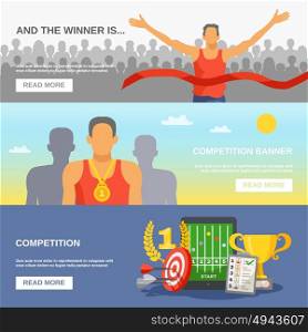 Competition Horizontal Banners. Competition horizontal banners with champion awarded ceremony and sports reward and elements in flat style vector illustration