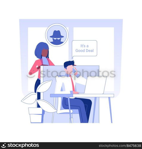 Competition in a workplace isolated concept vector illustration. Man looks at his colleague with suspicion, competition among employees, human resources, pursue career vector concept.. Competition in a workplace isolated concept vector illustration.