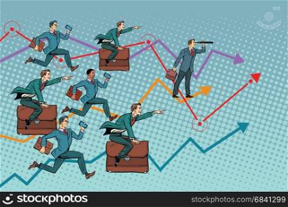 Competition in the business world. Pop art retro vector illustration. businessmen running forward. Competition in the business world
