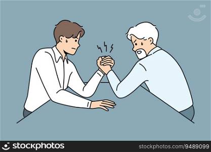 Competition of office workers of different ages doing arm wrestling to reveal strongest manager. Concept conflict between old and young employees of company and competition of experience against youth. Competition of office workers of different ages doing arm wrestling to reveal strongest manager