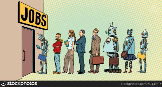 competition of people and robots for jobs. technological revolution. Unemployment in the digital world. Pop art retro vector illustration. competition of people and robots for jobs