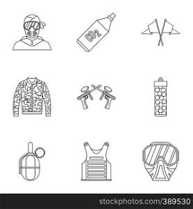 Competition paintball icons set. Outline illustration of 9 competition paintball vector icons for web. Competition paintball icons set, outline style