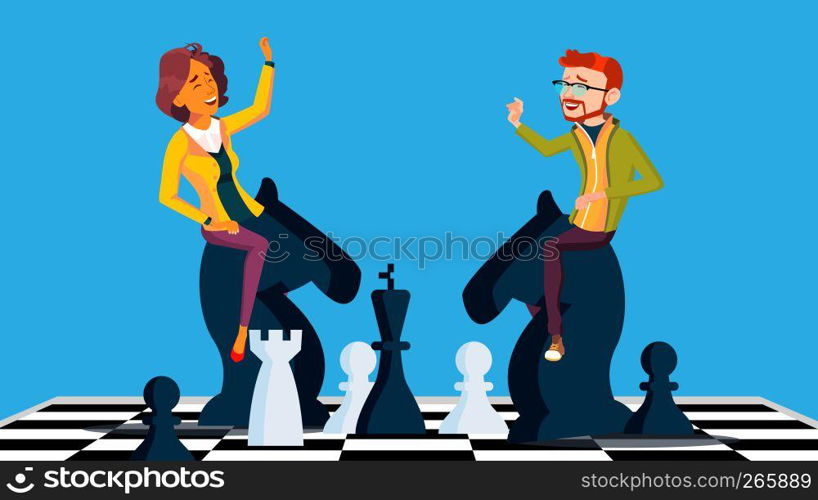 Competition Vector. Businessman And Business Woman Riding Chess Horses Black And White Meet Each Other. Illustration. Competition Vector. Businessman And Business Woman Riding Chess Horses Black And White To Meet Each Other. Illustration