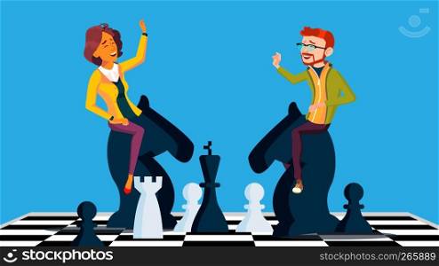 Competition Vector. Businessman And Business Woman Riding Chess Horses Black And White Meet Each Other. Illustration. Competition Vector. Businessman And Business Woman Riding Chess Horses Black And White To Meet Each Other. Illustration