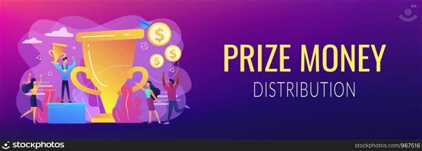 Competition winner holding golden trophy and medal. Leadership and achievement. Prize pool, prize money distribution, tournament main prize concept. Header or footer banner template with copy space.. Prize pool concept banner header.