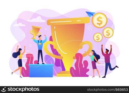 Competition winner holding golden trophy and medal. Leadership and achievement. Prize pool, prize money distribution, tournament main prize concept. Bright vibrant violet vector isolated illustration. Prize pool concept vector illustration.