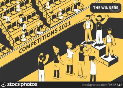 Competition winner isometric composition with view of sports venue with audience and athletes on victory podium vector illustration