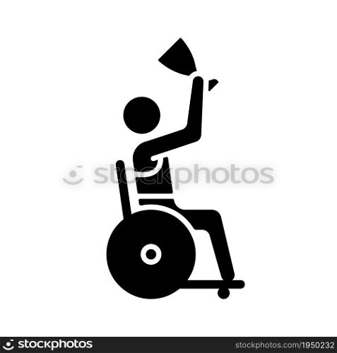 Competition winner with disability black glyph icon. Athlete holding prize cup. Winner awarding and congratulation. Disabled sportsmen. Silhouette symbol on white space. Vector isolated illustration. Competition winner black glyph icon
