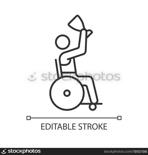 Competition winner with disability linear icon. Athlete holding prize cup. Disabled sportsmen. Thin line customizable illustration. Contour symbol. Vector isolated outline drawing. Editable stroke. Competition winner linear icon