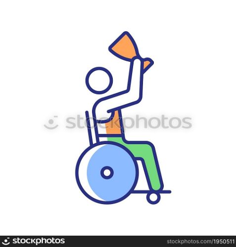 Competition winner with disability RGB color icon. Athlete holding prize cup. Winner awarding and congratulation. Disabled sportsmen. Isolated vector illustration. Simple filled line drawing. Competition winner RGB color icon
