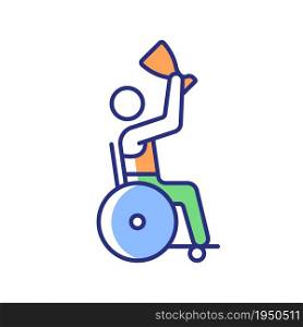 Competition winner with disability RGB color icon. Athlete holding prize cup. Winner awarding and congratulation. Disabled sportsmen. Isolated vector illustration. Simple filled line drawing. Competition winner RGB color icon