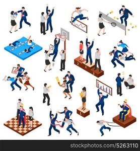 Competitions Of Business Characters Isometric Set. Competitions of business characters isometric set with reports and sports games trophies for winners isolated vector illustration
