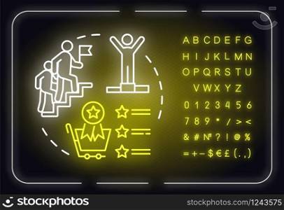 Competitive advantages neon light concept icon. Solution, victory. Boost forward. Business strategy idea. Outer glowing sign with alphabet, numbers and symbols. Vector isolated RGB color illustration