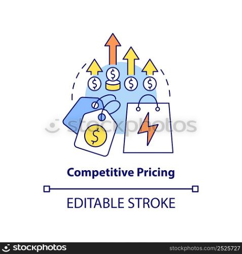 Competitive pricing concept icon. Energy strategy element abstract idea thin line illustration. Establish market prices. Isolated outline drawing. Editable stroke. Arial, Myriad Pro-Bold fonts used. Competitive pricing concept icon