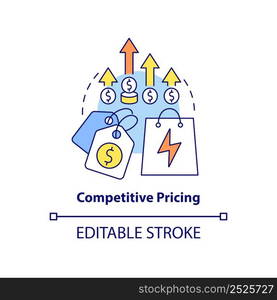 Competitive pricing concept icon. Energy strategy element abstract idea thin line illustration. Establish market prices. Isolated outline drawing. Editable stroke. Arial, Myriad Pro-Bold fonts used. Competitive pricing concept icon