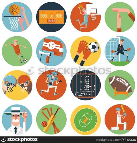 Competitive team sport matches with umpire referee arbiter symbols flat round icons set abstract vector isolated illustration. Team sport icons set flat