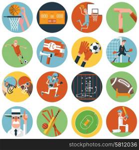 Competitive team sport matches with umpire referee arbiter symbols flat round icons set abstract vector isolated illustration. Team sport icons set flat