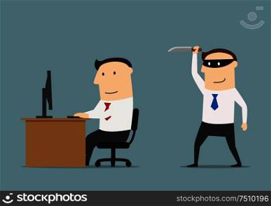 Competitor in black mask sneaks a knife to the businessman. Betrayal and back stab of business partner or competitor concept. Competitor sneaks a knife to the businessman