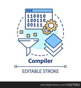 Compiler concept icon. Software development. Machine language. Programming. Data filtering. Computer code translation idea thin line illustration. Vector isolated outline drawing. Editable stroke