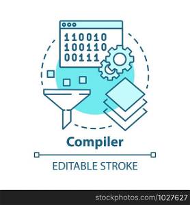 Compiler concept icon. Software development. Machine language. Programming. Data filtering. Computer code translation idea thin line illustration. Vector isolated outline drawing. Editable stroke
