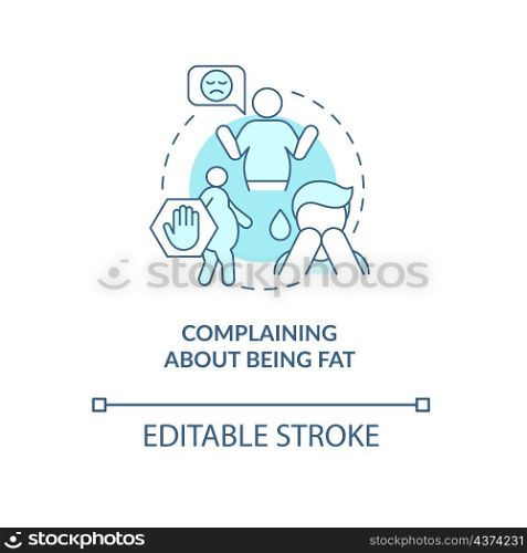 Complaining about fat body turquoise concept icon. Appearance dissatisfaction abstract idea thin line illustration. Isolated outline drawing. Editable stroke. Roboto-Medium, Myriad Pro-Bold fonts used. Complaining about being fat turquoise concept icon